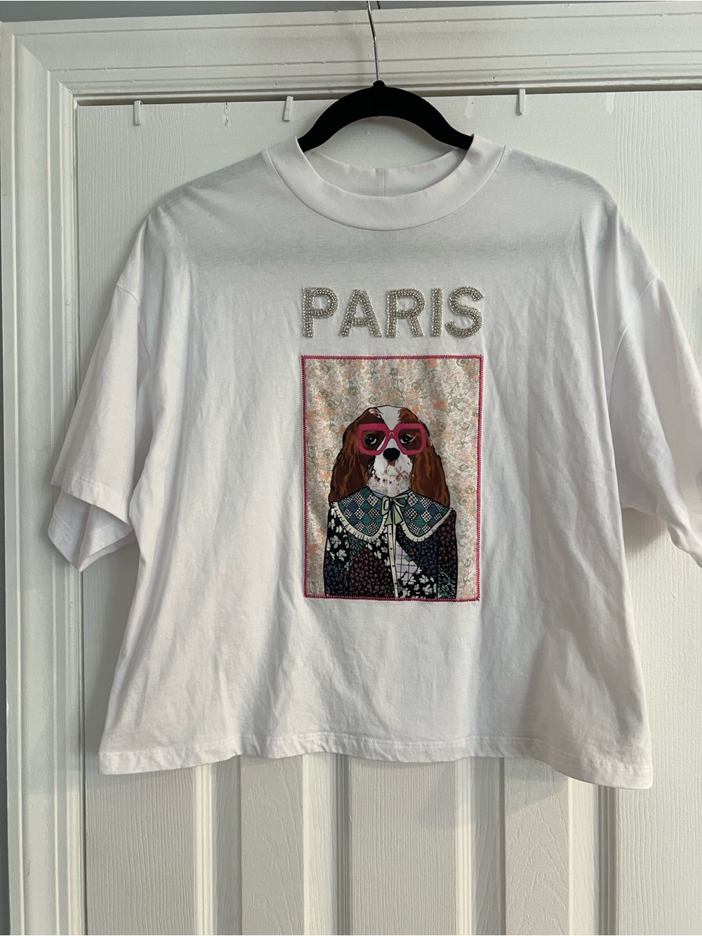 Maje White Short Sleeve Tee with Dog Graphic and Rhinestone Accents